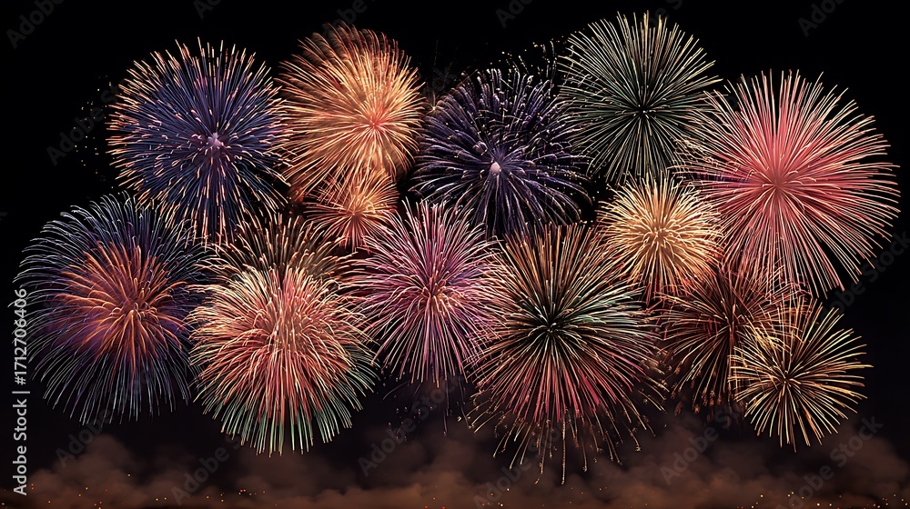 Fototapeta premium Brilliant fireworks explode in the dark sky, creating a mesmerizing spectacle