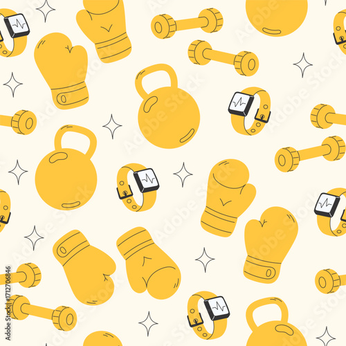 Seamless fitness pattern with gloves dumbbells kettlebell and smartwatch on white background