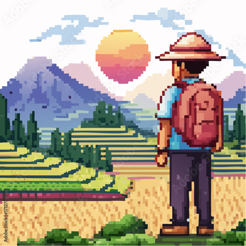 Pixel Art Hiking Adventure Sunrise Hike in Rice Terraces