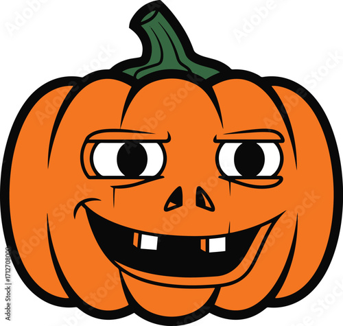 A whimsical illustration of an orange pumpkin with a cartoonish, grinning face. The pumpkin has large eyes and a wide, toothy smile, perfect for Halloween designs or autumnal themes.