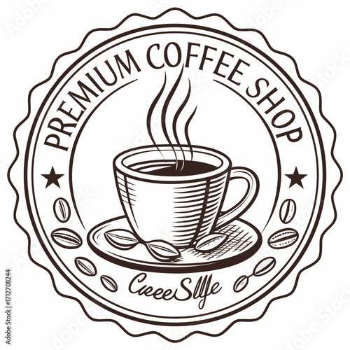 Premium coffee shop logo with cup and beans