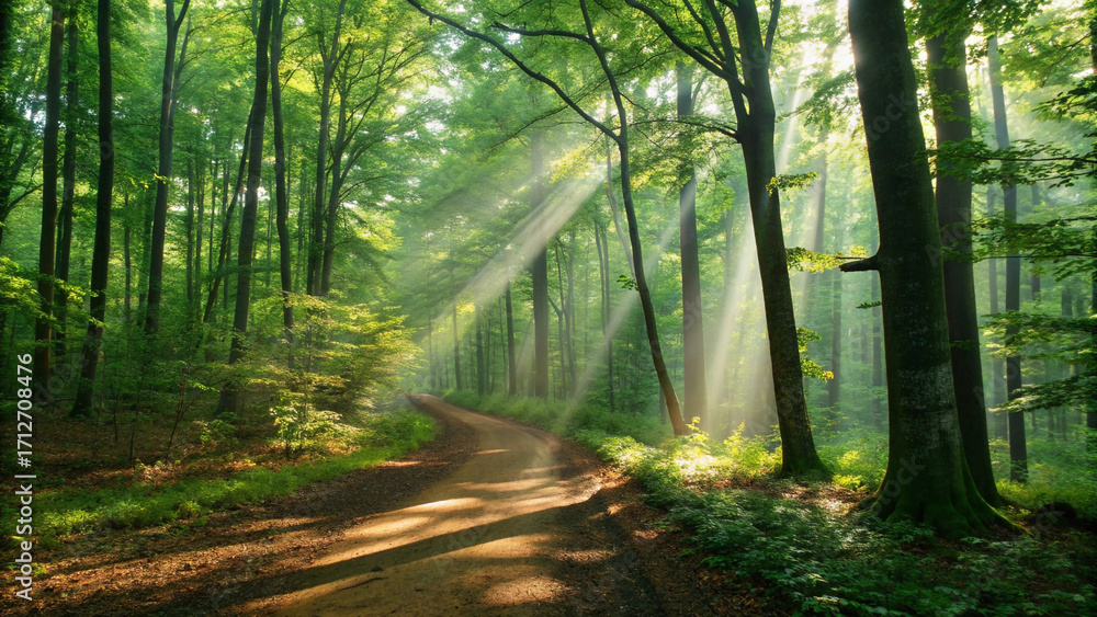 Fototapeta premium Sunlight streams through a lush green forest path