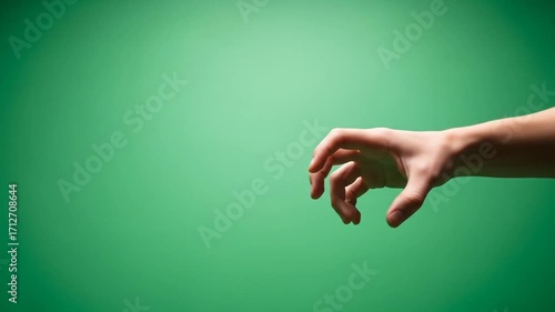 A reaching hand extends against a solid green backdrop, conveying a sense of anticipation and action.