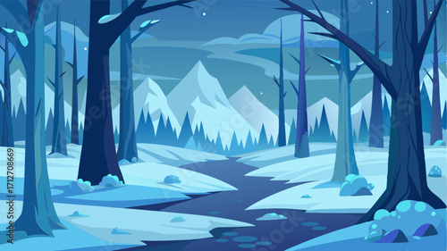 A frozen forest enchanted by the hush of winter with crisp air and stillness all around.