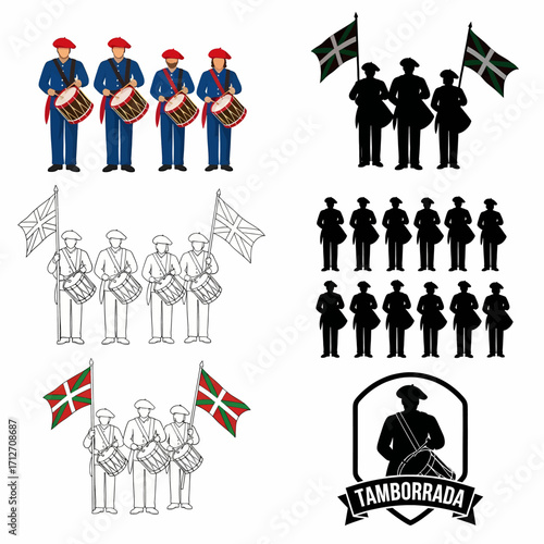 Tamborrada festival drummers playing with Basque flags illustration