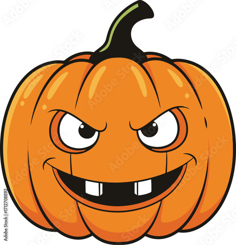 A mischievous cartoon pumpkin with a wicked grin, jagged teeth, and menacing eyes. 