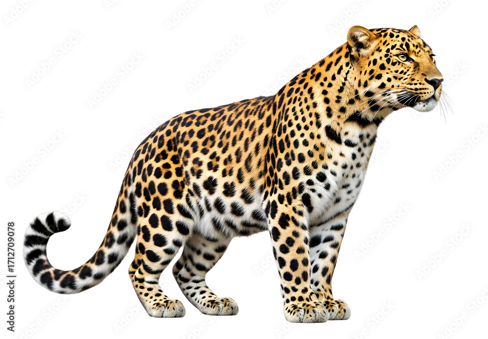 Fototapeta premium A leopard standing tall, showcasing its spotted coat against a white background.