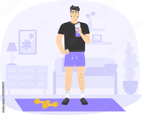Man exercising at home on yoga mat during fitness training for healthy lifestyle