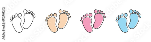 Baby footprint vector icons set. Cute foot, step, and silhouette illustrations for newborn boy and girl themes. Family, birthday, and celebration elements. Isolated on transparent background.