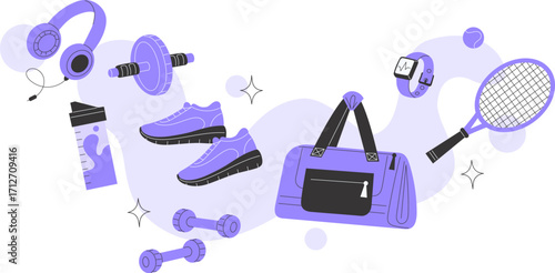 Sports training illustration with gym bag sneakers dumbbells headphones tennis racket ball bottle smartwatch