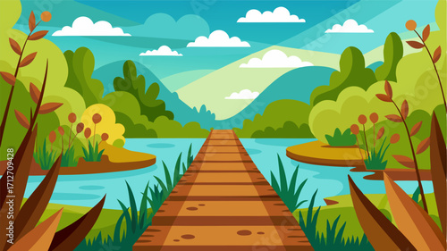 A rustic wooden trail through a vibrant wetland inviting curious explorers to discover the hidden treasures and surprises of this flourishing habitat.