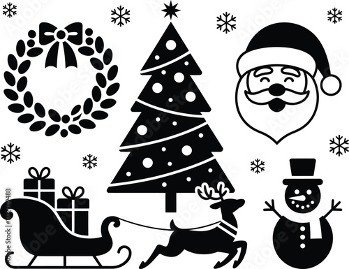 Christmas icons wreath tree Santa sleigh reindeer snowman snowflakes holiday winter