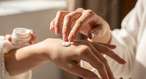Woman applying hand cream, skincare routine.