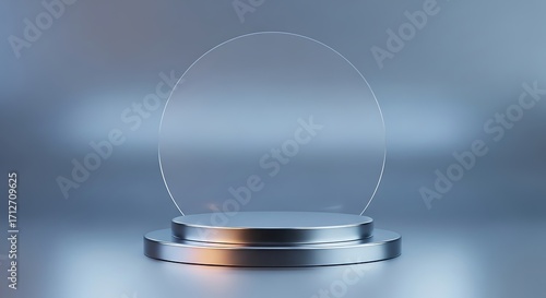 A minimalist stage with a circular backdrop and metallic podium