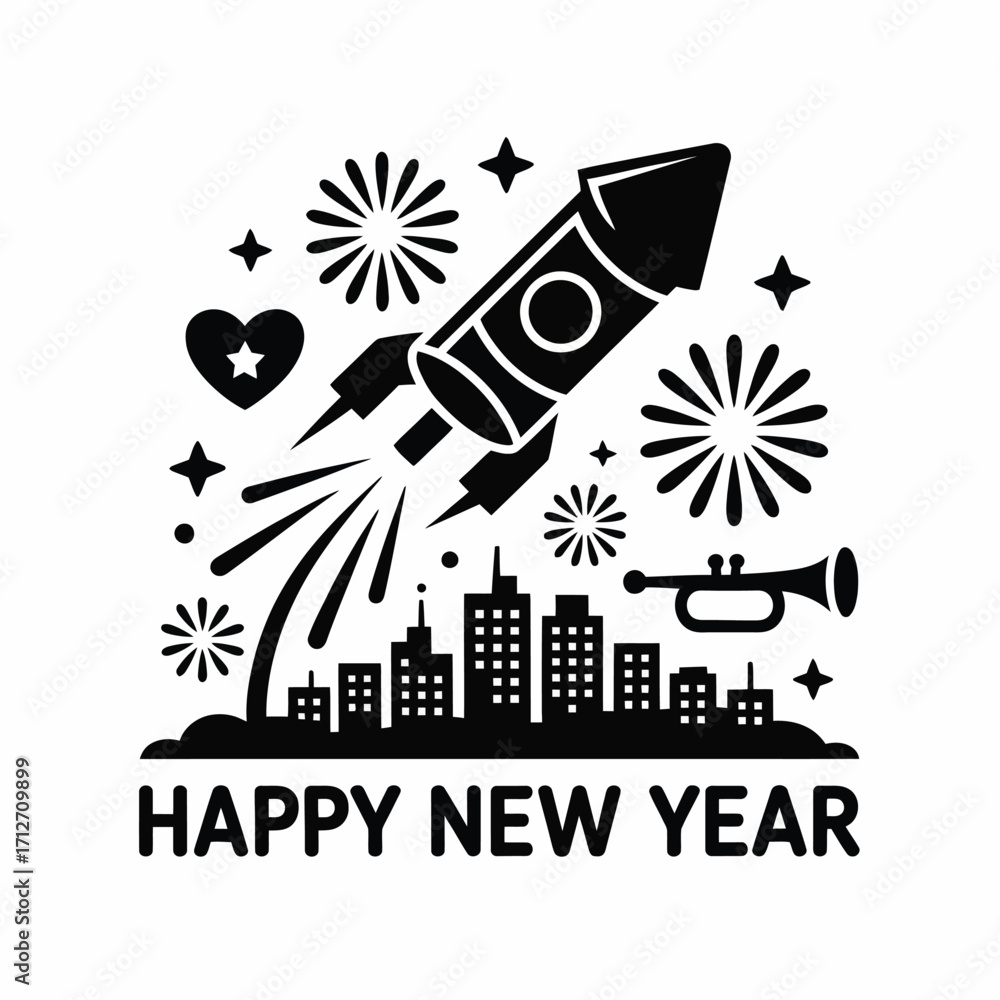 Naklejka premium Rocket launch over cityscape with fireworks and trumpet celebration new year