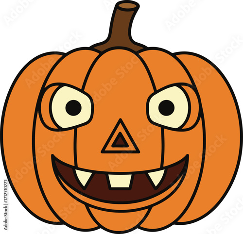 A digital illustration of a grinning jack-o'-lantern pumpkin, rendered in a pixel art style. The pumpkin is orange with a carved triangular nose and wide, toothy grin. Its eyes are large and round. 