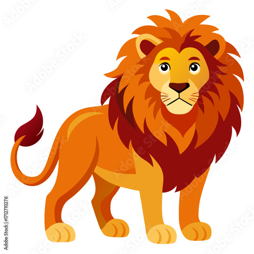 Colorful cartoon lion standing proudly with detailed mane and expressive eyes in a playful style