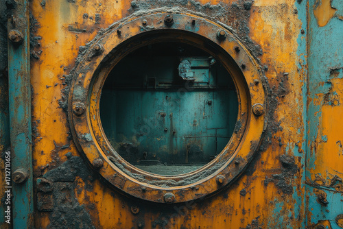 Rusted ship's port window.