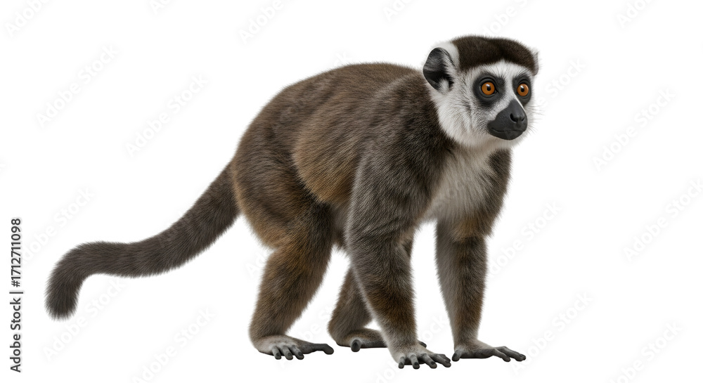 Fototapeta premium A full body studio shot of a lemur with brown fur, white face markings, and orange eyes, standing on all fours against a white background.