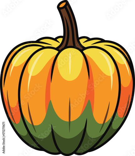 A digital illustration of a pumpkin, rendered in a pixel art style. The pumpkin is predominantly orange and green, exhibiting a classic autumnal color scheme.