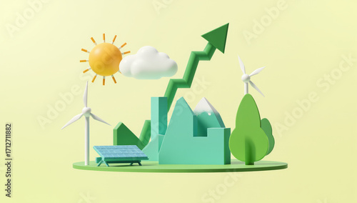 Digital illustration of a stylized green landscape with a bright yellow background. Central features include green, geometric mountains with white peaks, a green arrow-shaped graph rising upward, and