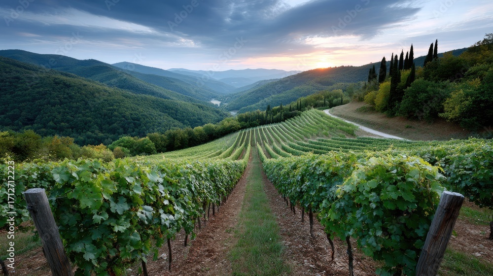 Obraz premium Vivid sunset colors envelop a vineyard, highlighting the lush grapevines and mountains, creating a peaceful and tranquil atmosphere.
