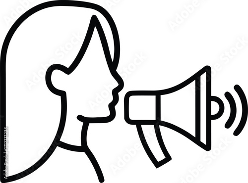 an woman is announcing by megaphone outline vector icon for marketing