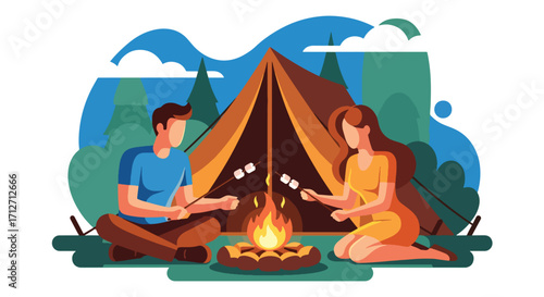 Flat style illustration of a couple camping in the forest, roasting marshmallows over a campfire in front of a tent, symbolizing outdoor adventure, relaxation, and leisure in nature