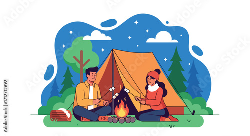 Flat style illustration of a couple camping in the forest, roasting marshmallows over a campfire in front of a tent, symbolizing outdoor adventure, relaxation, and leisure in nature