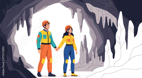 Flat style illustration of a couple exploring a cave with helmets and headlamps, symbolizing adventure, teamwork, discovery, and an active lifestyle in nature and underground exploration