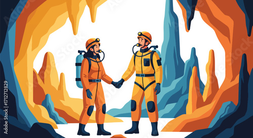 Flat style illustration of a couple exploring a cave with helmets and headlamps, symbolizing adventure, teamwork, discovery, and an active lifestyle in nature and underground exploration