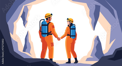Flat style illustration of a couple exploring a cave with helmets and headlamps, symbolizing adventure, teamwork, discovery, and an active lifestyle in nature and underground exploration