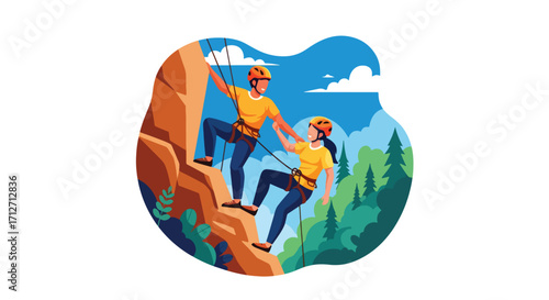 Flat style illustration of a couple rock climbing on a cliff with safety gear, symbolizing adventure, teamwork, courage, and an active outdoor lifestyle in a scenic natural environment