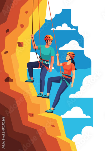 Flat style illustration of a couple rock climbing on a cliff with safety gear, symbolizing adventure, teamwork, courage, and an active outdoor lifestyle in a scenic natural environment