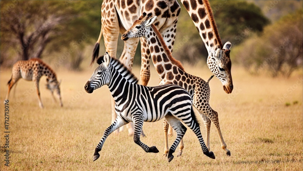 Obraz premium Zebra Foal Galloping Past Young Giraffes Across Golden Savanna Warm Sunlight African Wildlife Action Scene