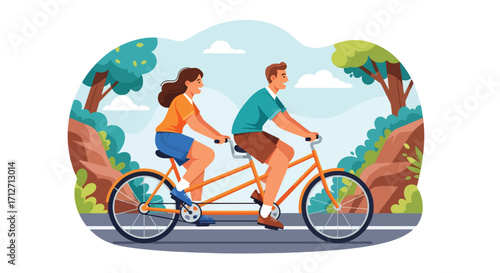 Flat style illustration of a couple riding a tandem bicycle on a scenic road surrounded by trees and mountains, symbolizing teamwork, fun, adventure, and an active outdoor lifestyle