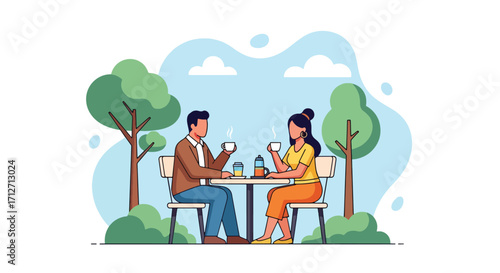 Flat style illustration of a couple enjoying coffee together at an outdoor café table, symbolizing relaxation, conversation, romance, and lifestyle moments in a cozy social setting