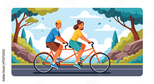Flat style illustration of a couple riding a tandem bicycle on a scenic road surrounded by trees and mountains, symbolizing teamwork, fun, adventure, and an active outdoor lifestyle