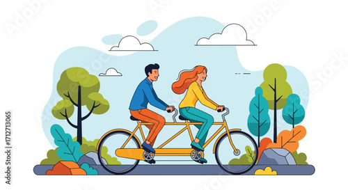 Flat style illustration of a couple riding a tandem bicycle on a scenic road surrounded by trees and mountains, symbolizing teamwork, fun, adventure, and an active outdoor lifestyle