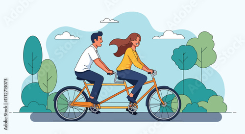Flat style illustration of a couple riding a tandem bicycle on a scenic road surrounded by trees and mountains, symbolizing teamwork, fun, adventure, and an active outdoor lifestyle
