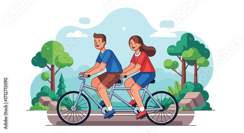 Flat style illustration of a couple riding a tandem bicycle on a scenic road surrounded by trees and mountains, symbolizing teamwork, fun, adventure, and an active outdoor lifestyle