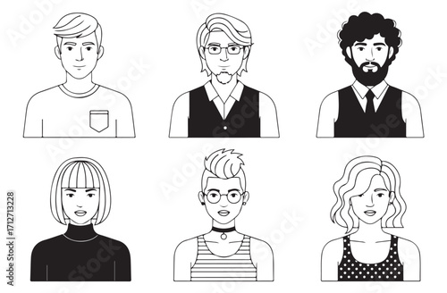 Diverse group of six people in line art portraits with different hairstyles and clothing women