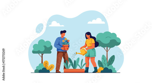 Flat style illustration of a couple gardening together, watering plants and holding flowers in pots, symbolizing teamwork, sustainability, relaxation, and a healthy eco-friendly lifestyle outdoors