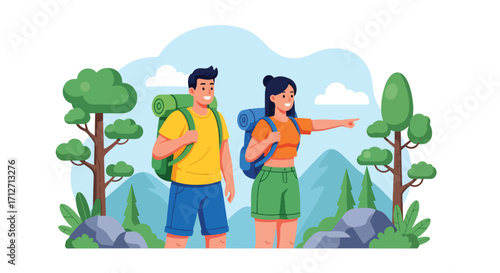 Flat style illustration of a couple hiking in the mountains with backpacks, surrounded by trees and rocks, symbolizing adventure, exploration, travel, and outdoor lifestyle in nature