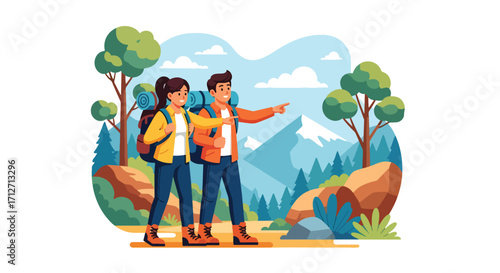 Flat style illustration of a couple hiking in the mountains with backpacks, surrounded by trees and rocks, symbolizing adventure, exploration, travel, and outdoor lifestyle in nature
