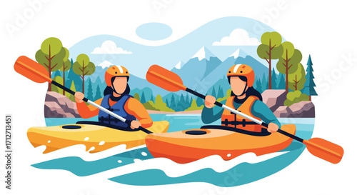 Flat style illustration of a couple kayaking on a river surrounded by mountains, trees, and rocks, symbolizing outdoor adventure, teamwork, travel, and an active lifestyle in nature