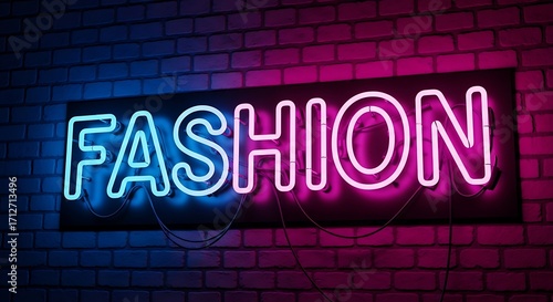 Neon Fashion Sign on Brick Wall.