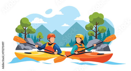 Flat style illustration of a couple kayaking on a river surrounded by mountains, trees, and rocks, symbolizing outdoor adventure, teamwork, travel, and an active lifestyle in nature