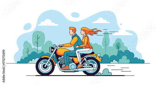 Flat style illustration of a couple riding a motorcycle through a scenic outdoor landscape, symbolizing freedom, adventure, travel, lifestyle, and leisure on the open road
