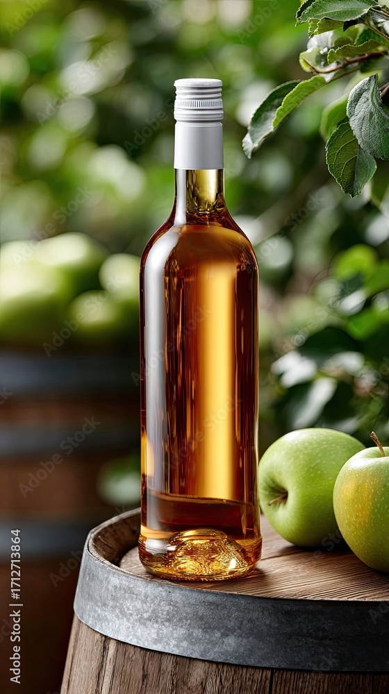 Obraz premium A bottle of apple juice sits perfectly on a wooden barrel, while fresh green apples lie nearby in a picturesque orchard.